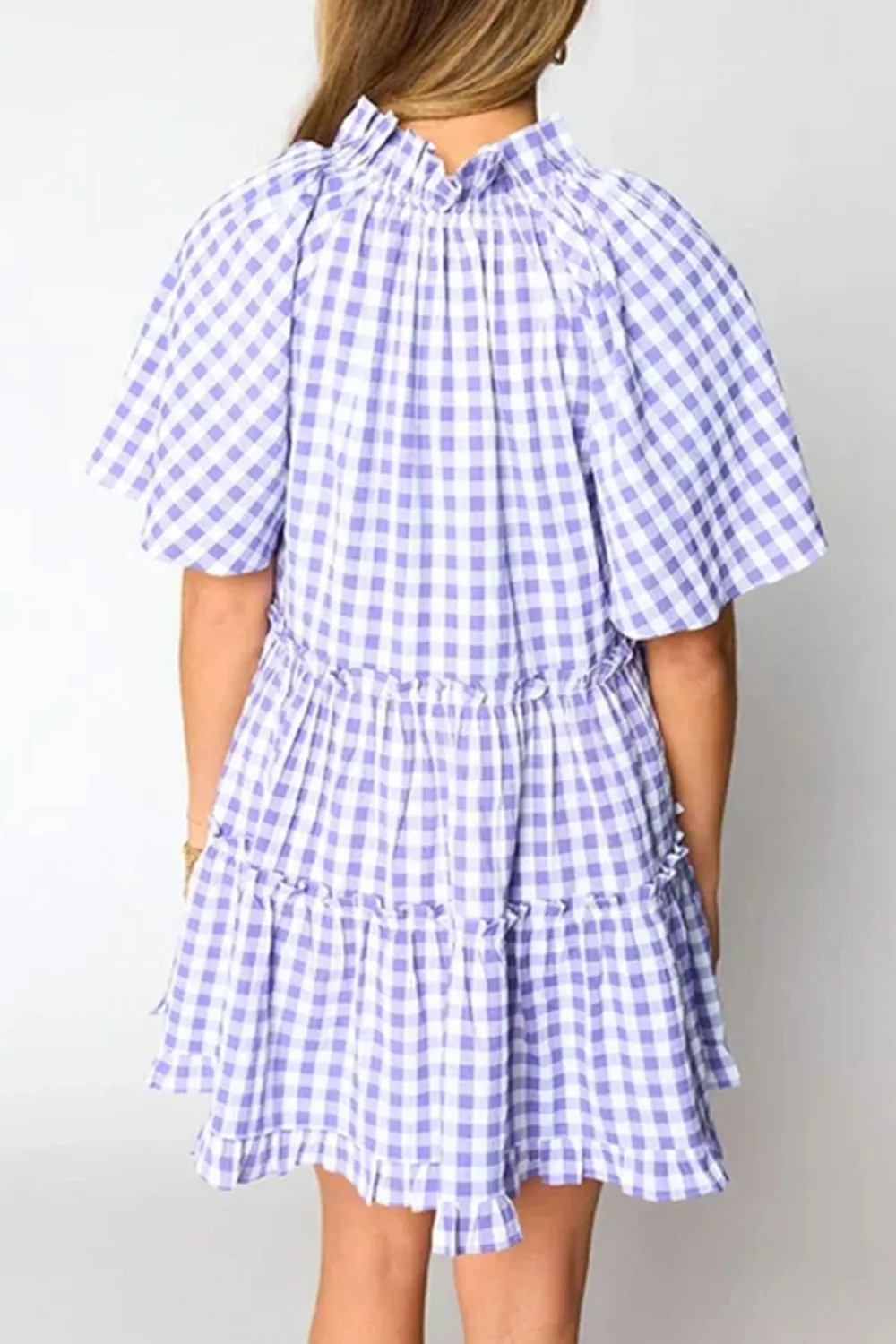 Hazel Blues® |  Plaid Tie Neck Short Sleeve Babydoll Mini Dress