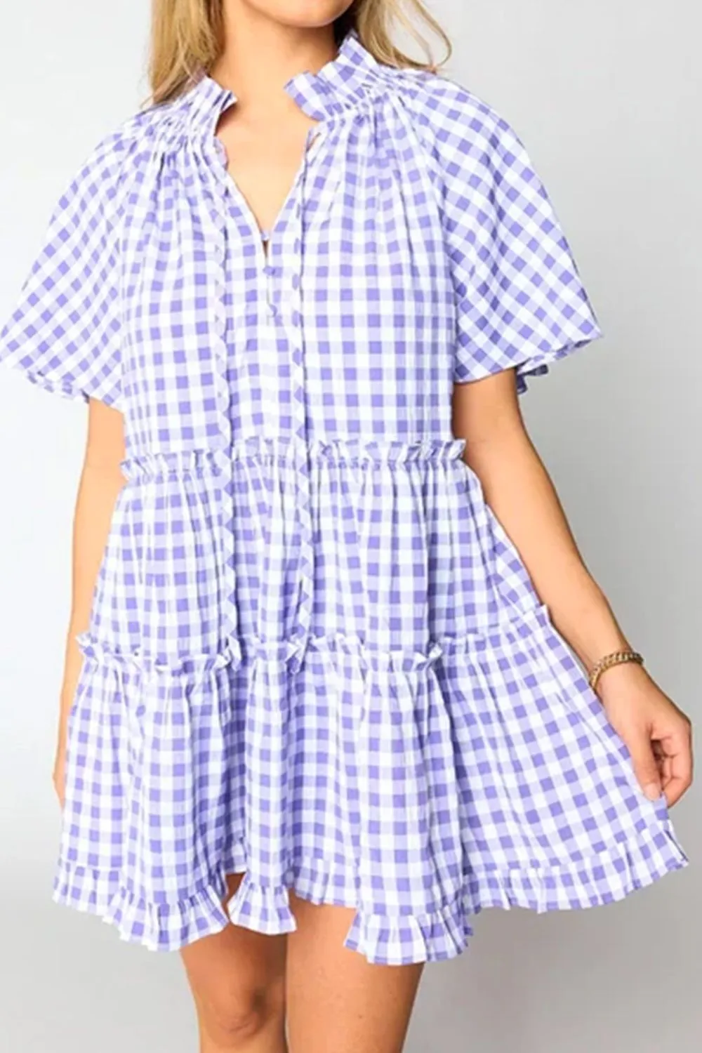 Hazel Blues® |  Plaid Tie Neck Short Sleeve Babydoll Mini Dress