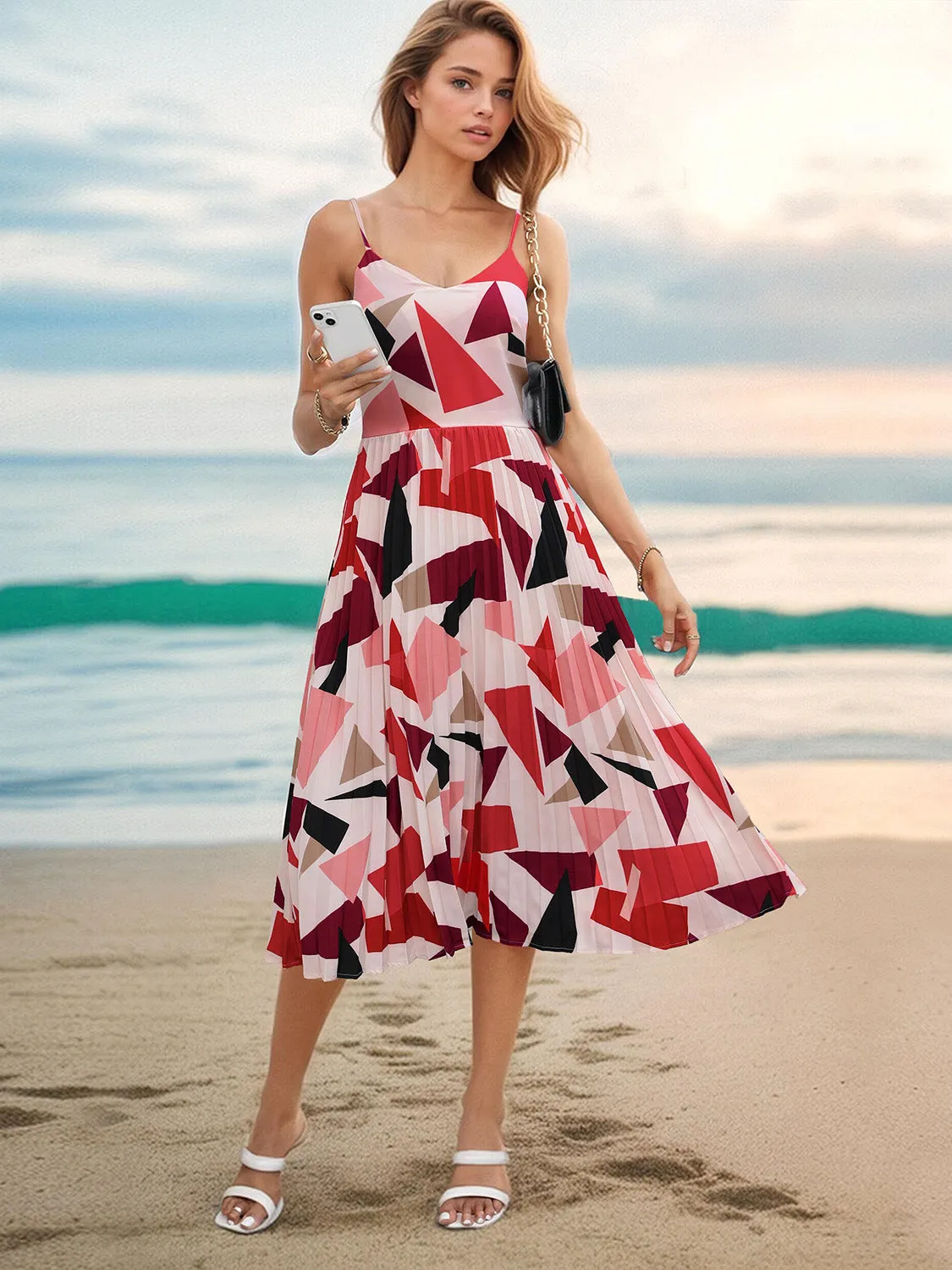Hazel Blues® |  Pleated Geometric Spaghetti Strap Dress
