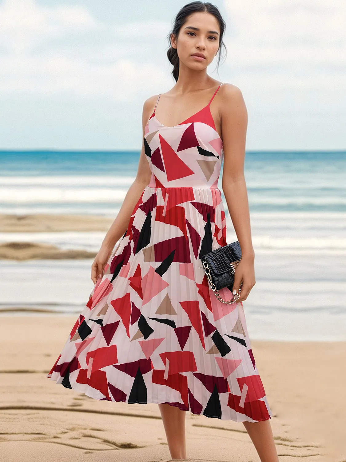 Hazel Blues® |  Pleated Geometric Spaghetti Strap Dress