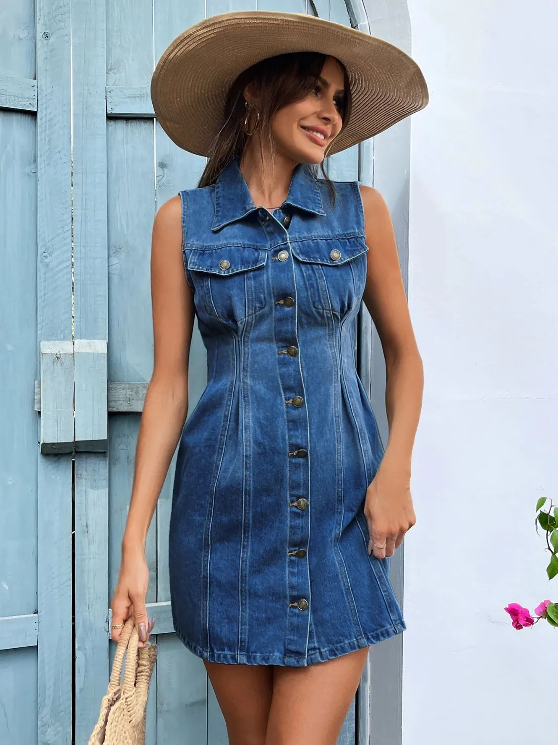 Hazel Blues® |  Pocketed Button Up Sleeveless Denim Dress