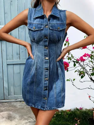 Hazel Blues® |  Pocketed Button Up Sleeveless Denim Dress