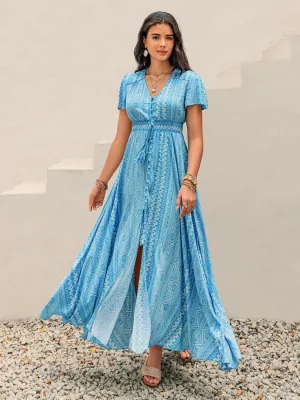 Hazel Blues® |  Printed Button Down Short Sleeve Maxi Dress