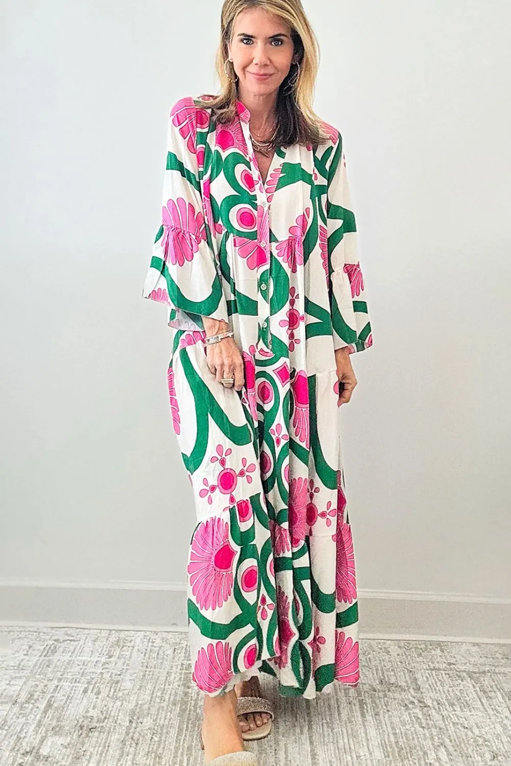 Hazel Blues® |  Printed Notched Long Sleeve Maxi Dress