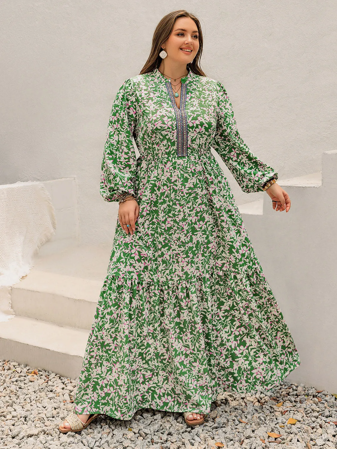 Hazel Blues® |  Printed Notched Long Sleeve Maxi Dress