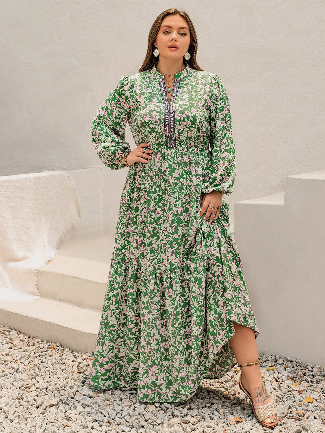 Hazel Blues® |  Printed Notched Long Sleeve Maxi Dress