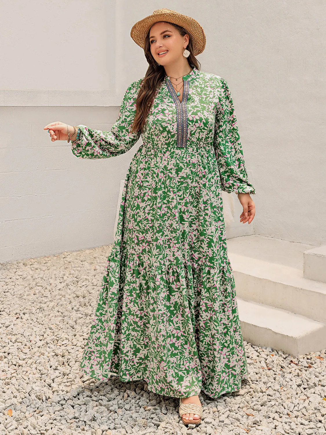Hazel Blues® |  Printed Notched Long Sleeve Maxi Dress