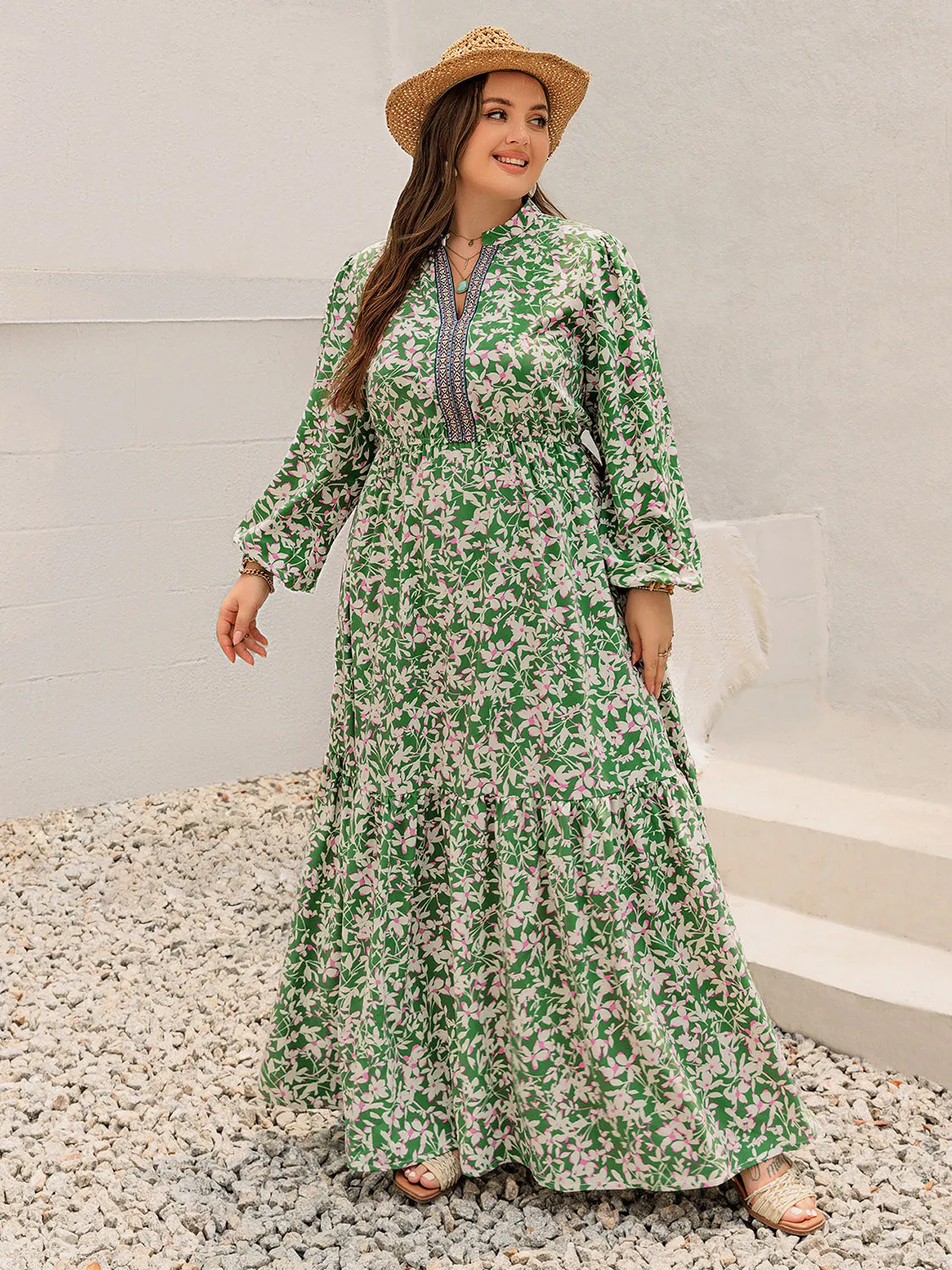 Hazel Blues® |  Printed Notched Long Sleeve Maxi Dress