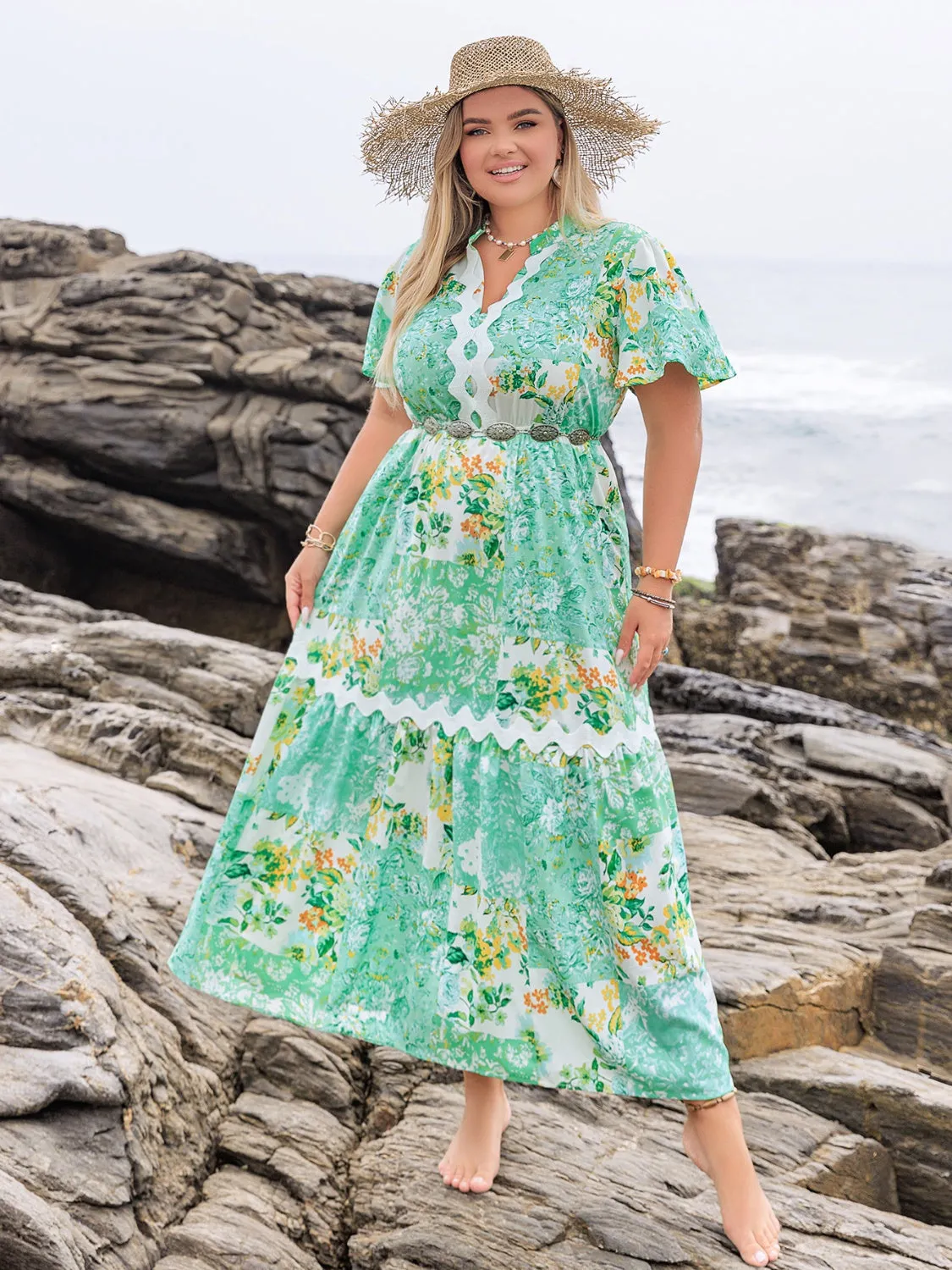 Hazel Blues® | Printed Notched Short Sleeve Maxi Dress