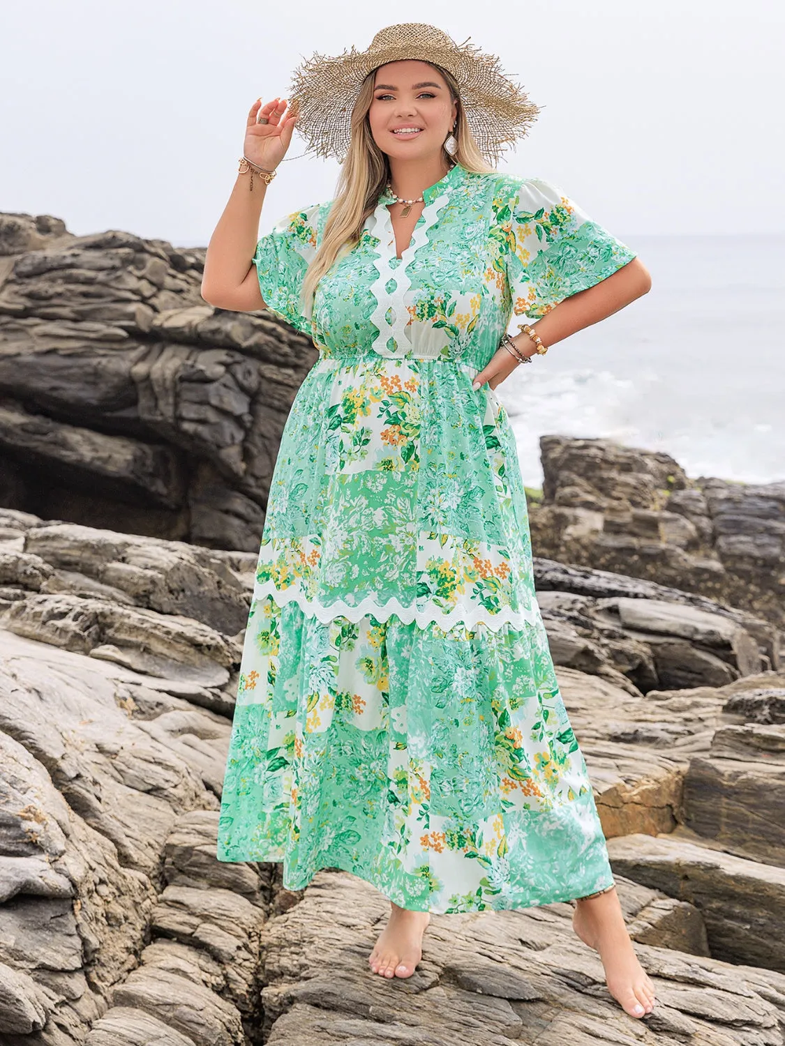 Hazel Blues® | Printed Notched Short Sleeve Maxi Dress