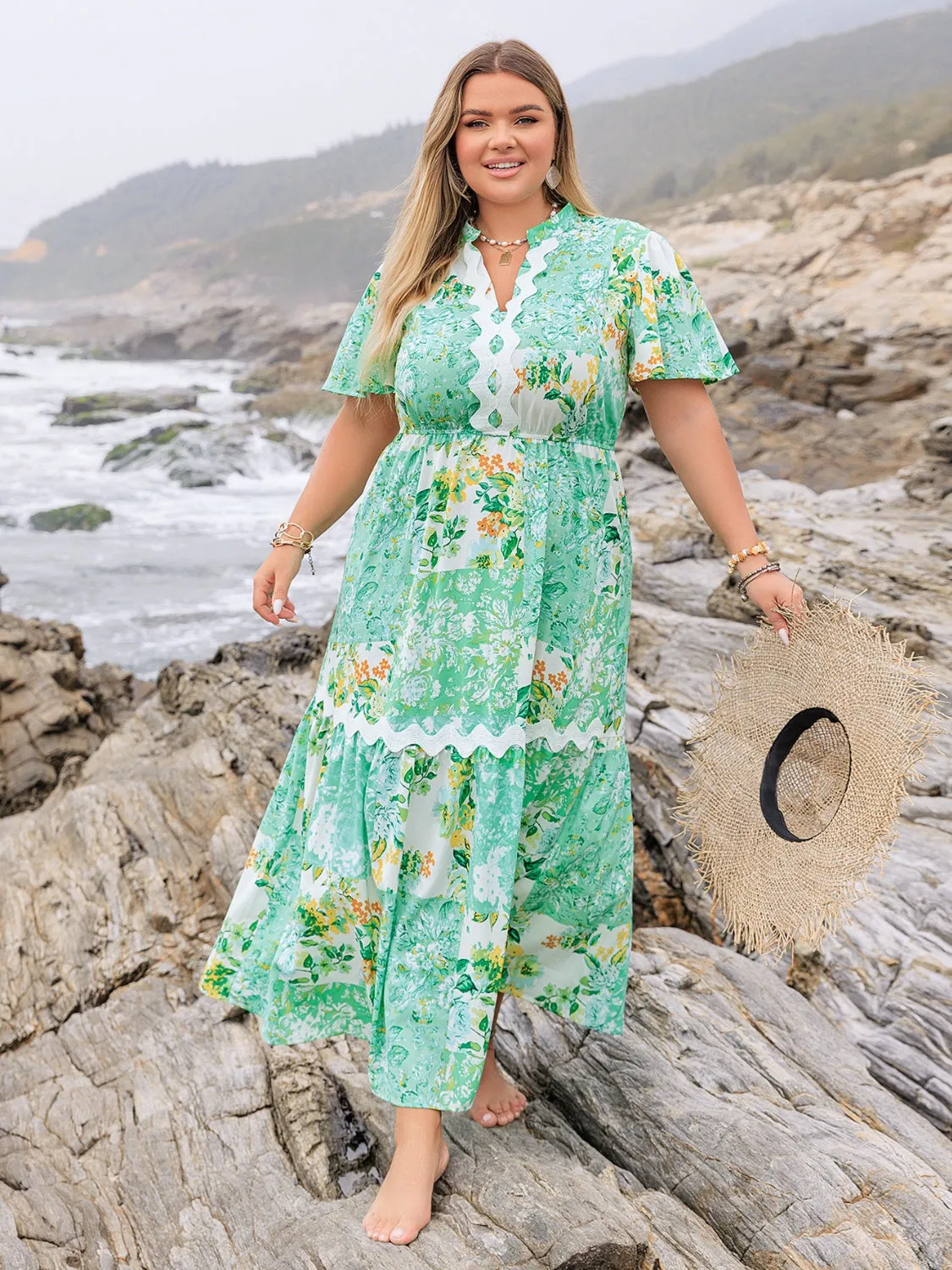 Hazel Blues® | Printed Notched Short Sleeve Maxi Dress