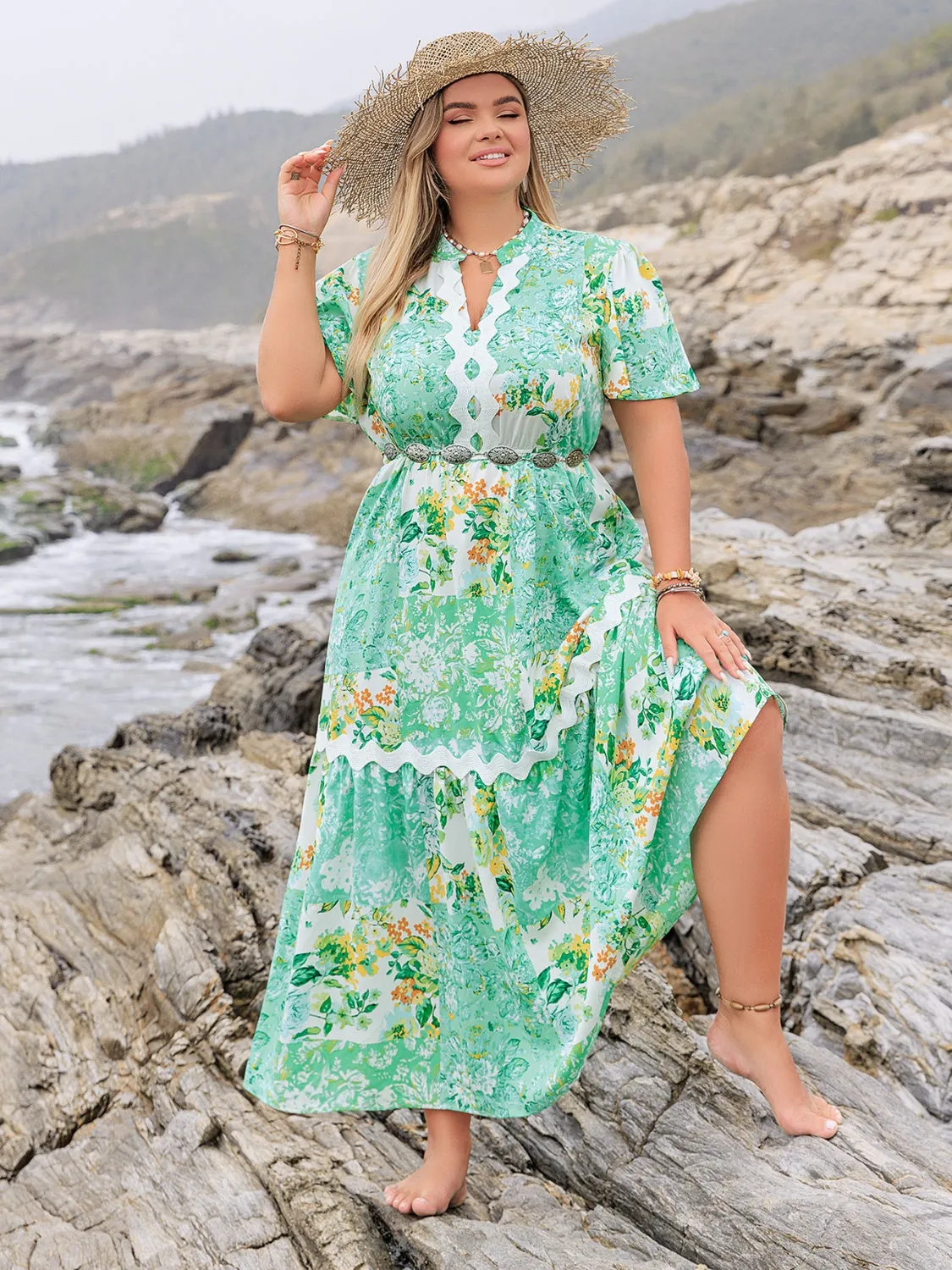 Hazel Blues® | Printed Notched Short Sleeve Maxi Dress