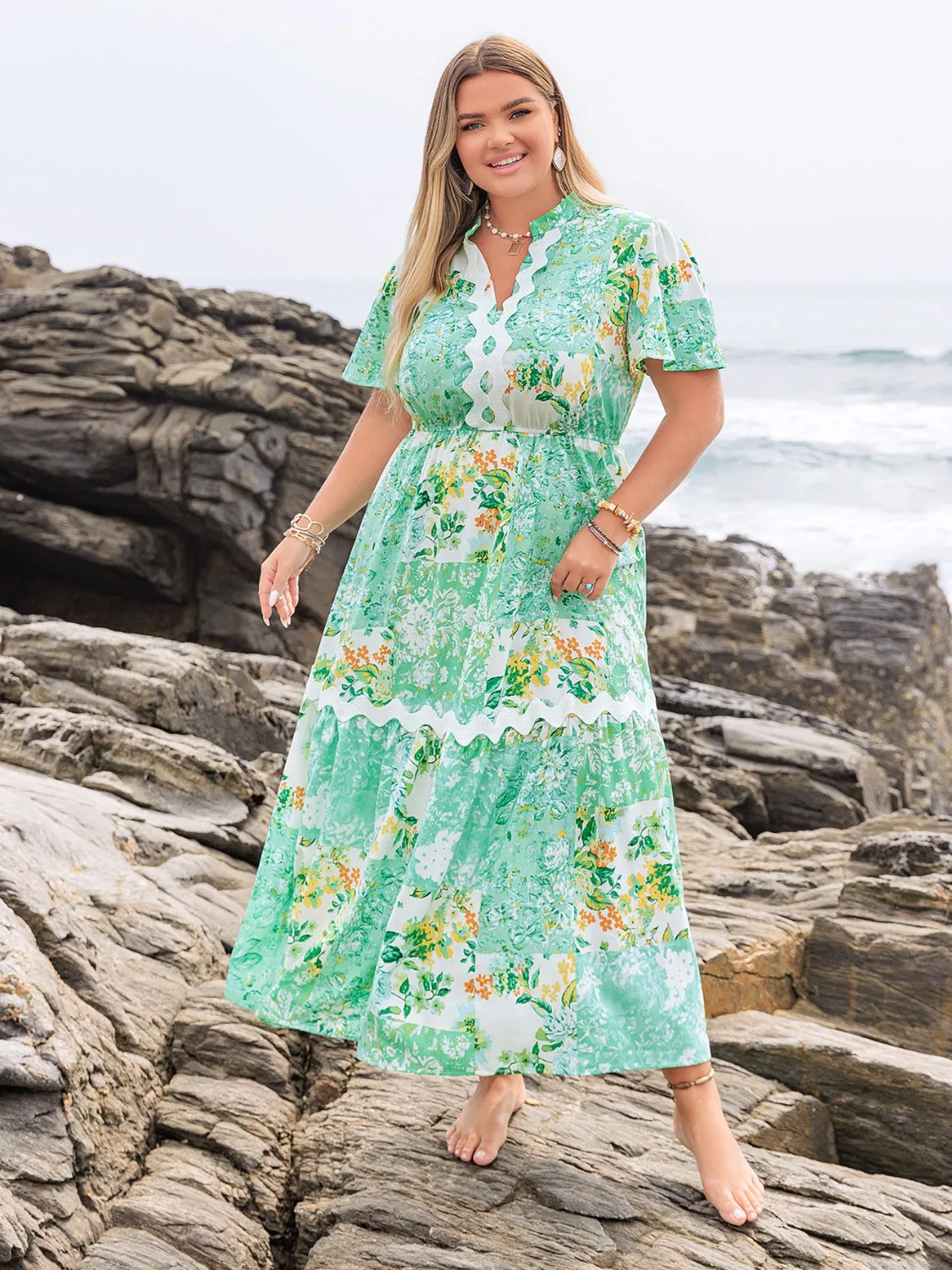 Hazel Blues® | Printed Notched Short Sleeve Maxi Dress