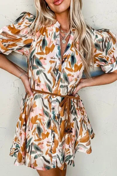 Hazel Blues® |  Printed Notched Short Sleeve Mini Dress