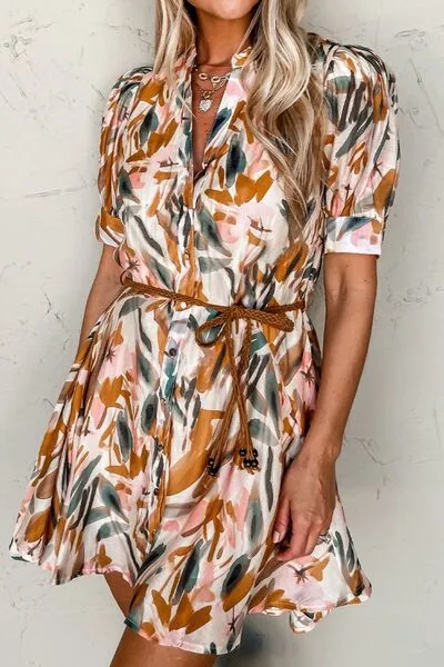 Hazel Blues® |  Printed Notched Short Sleeve Mini Dress