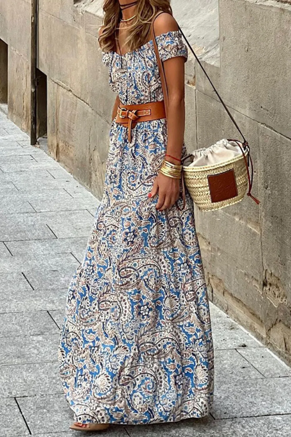 Hazel Blues® |  Printed Off-Shoulder Short Sleeve Maxi Dress