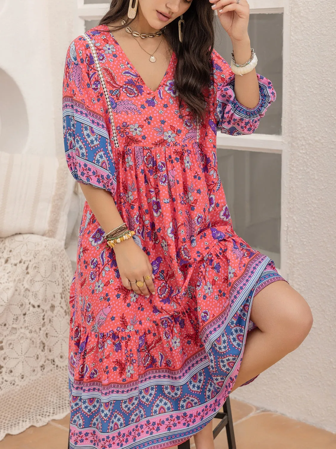 Hazel Blues® |  Printed Puff Sleeve Midi Dress