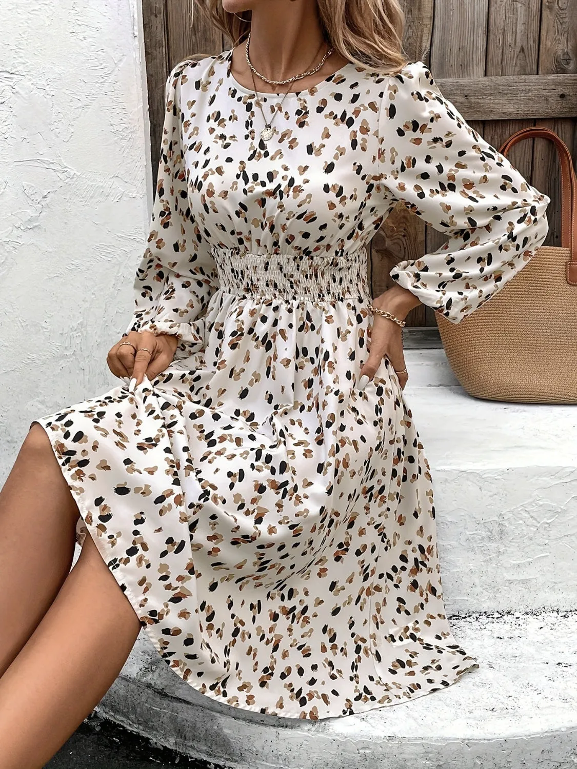 Hazel Blues® |  Printed Round Neck Long Sleeve Dress