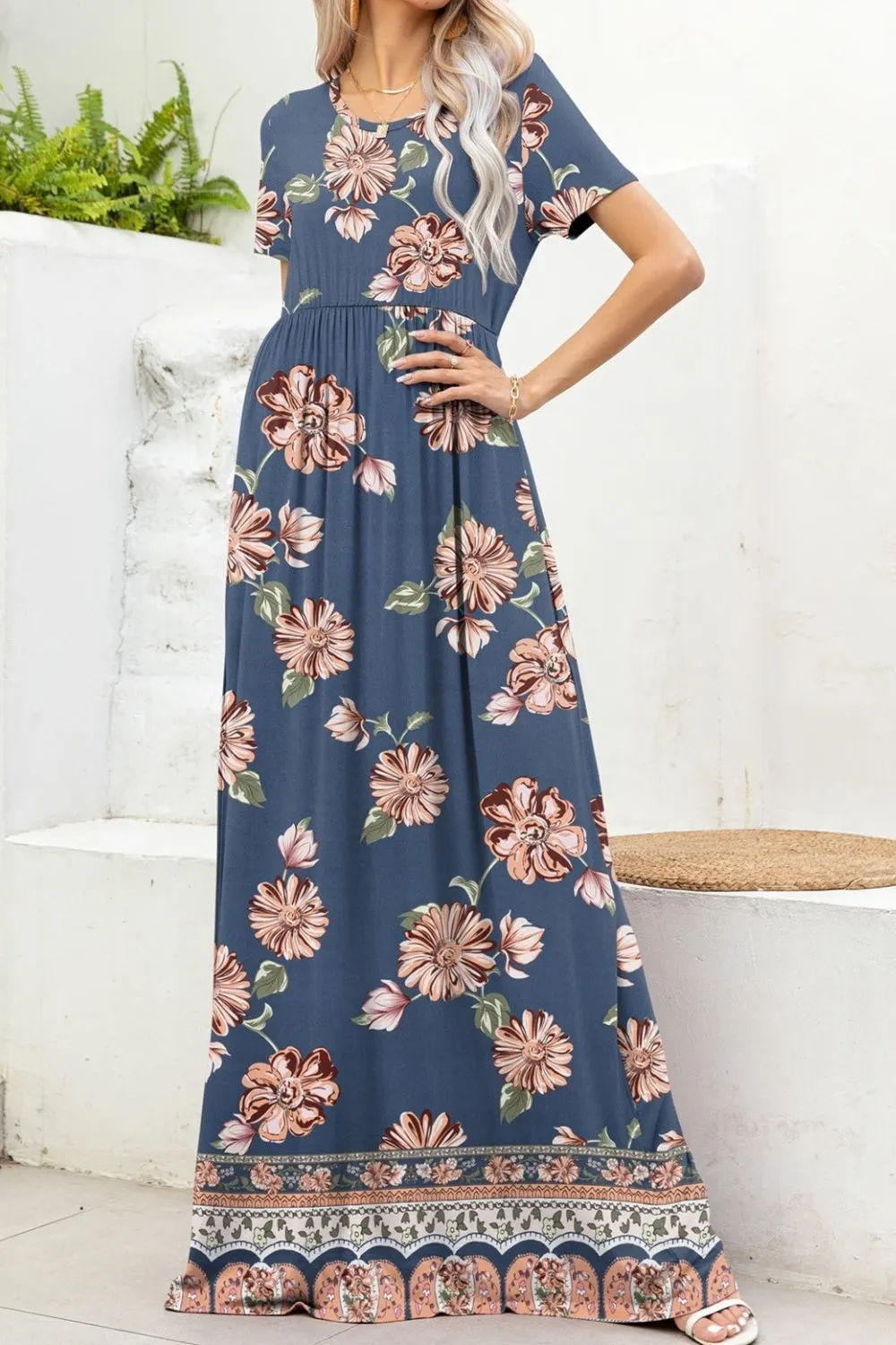 Hazel Blues® |  Printed Round Neck Short Sleeve Maxi Dress
