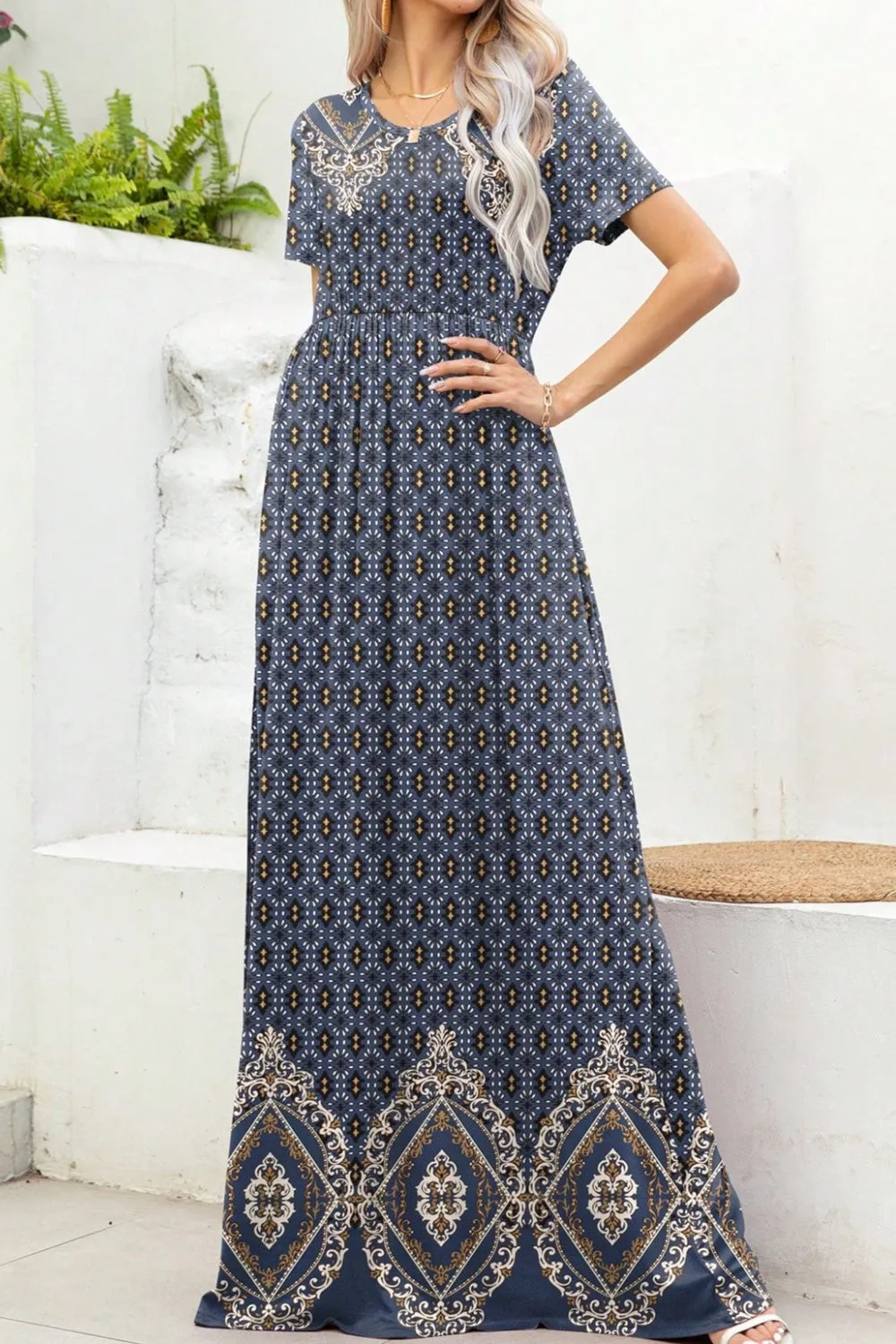 Hazel Blues® |  Printed Round Neck Short Sleeve Maxi Dress