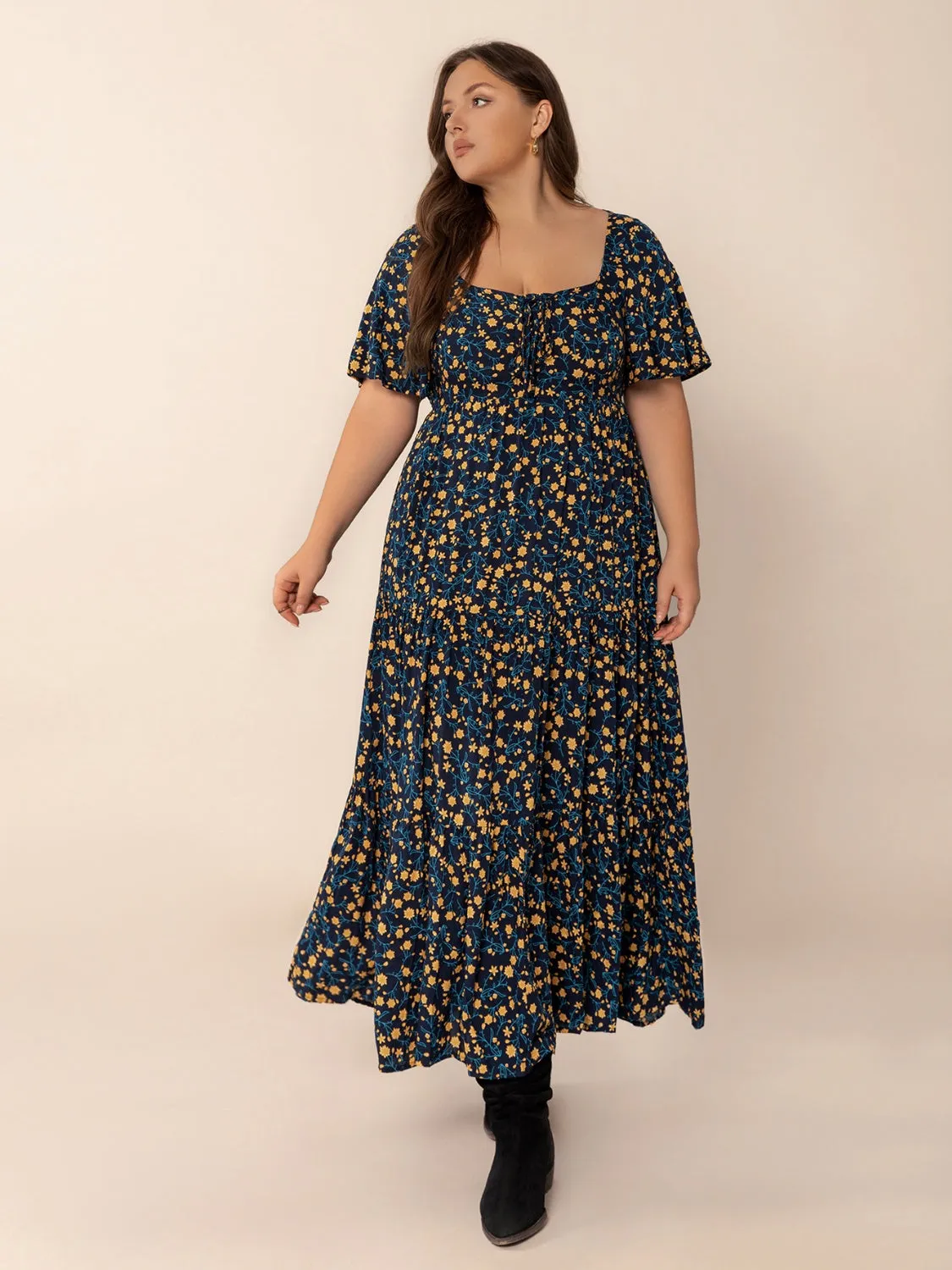 Hazel Blues® | Printed Short Sleeve Slit Tiered Maxi Dress