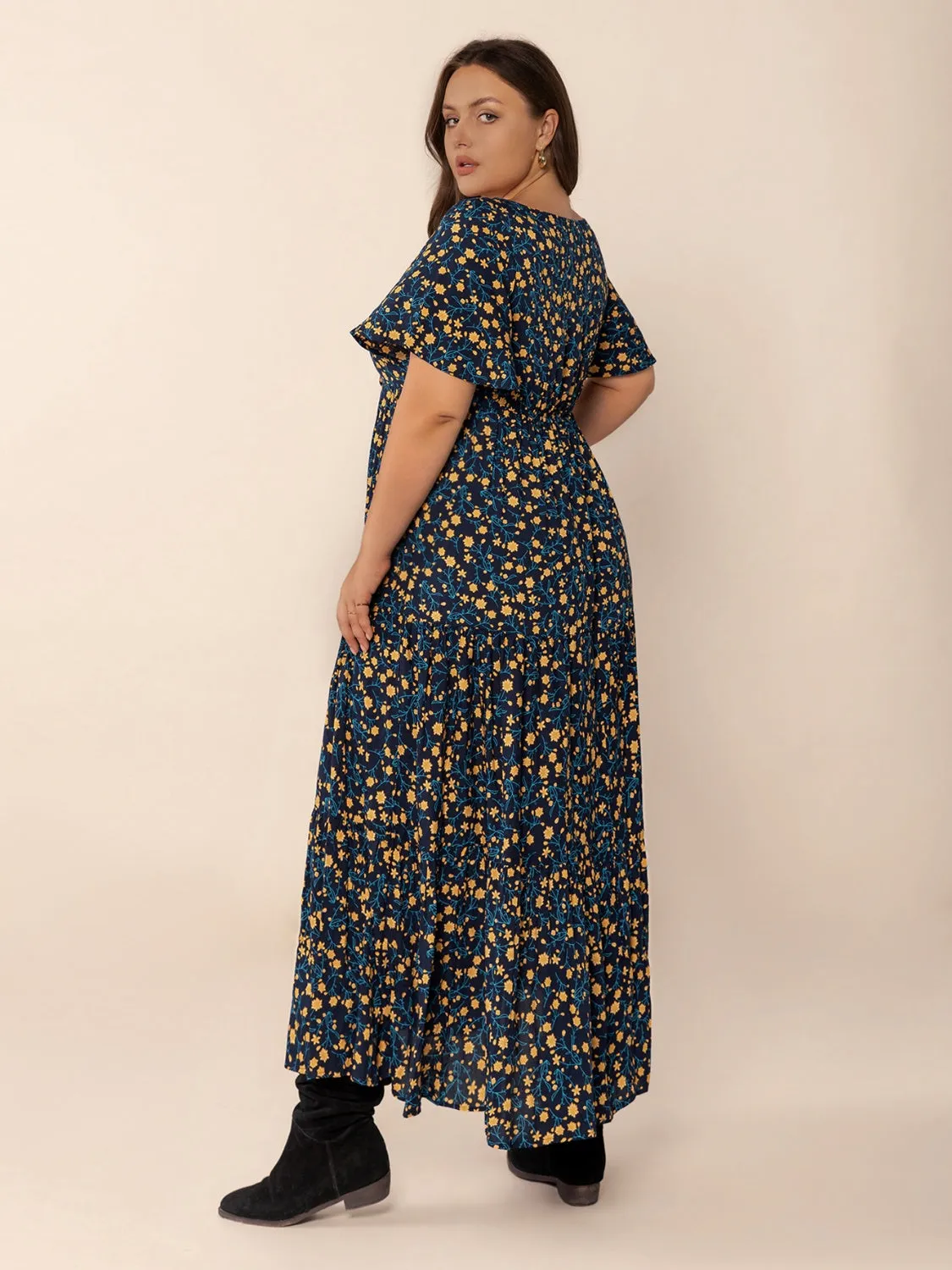 Hazel Blues® | Printed Short Sleeve Slit Tiered Maxi Dress