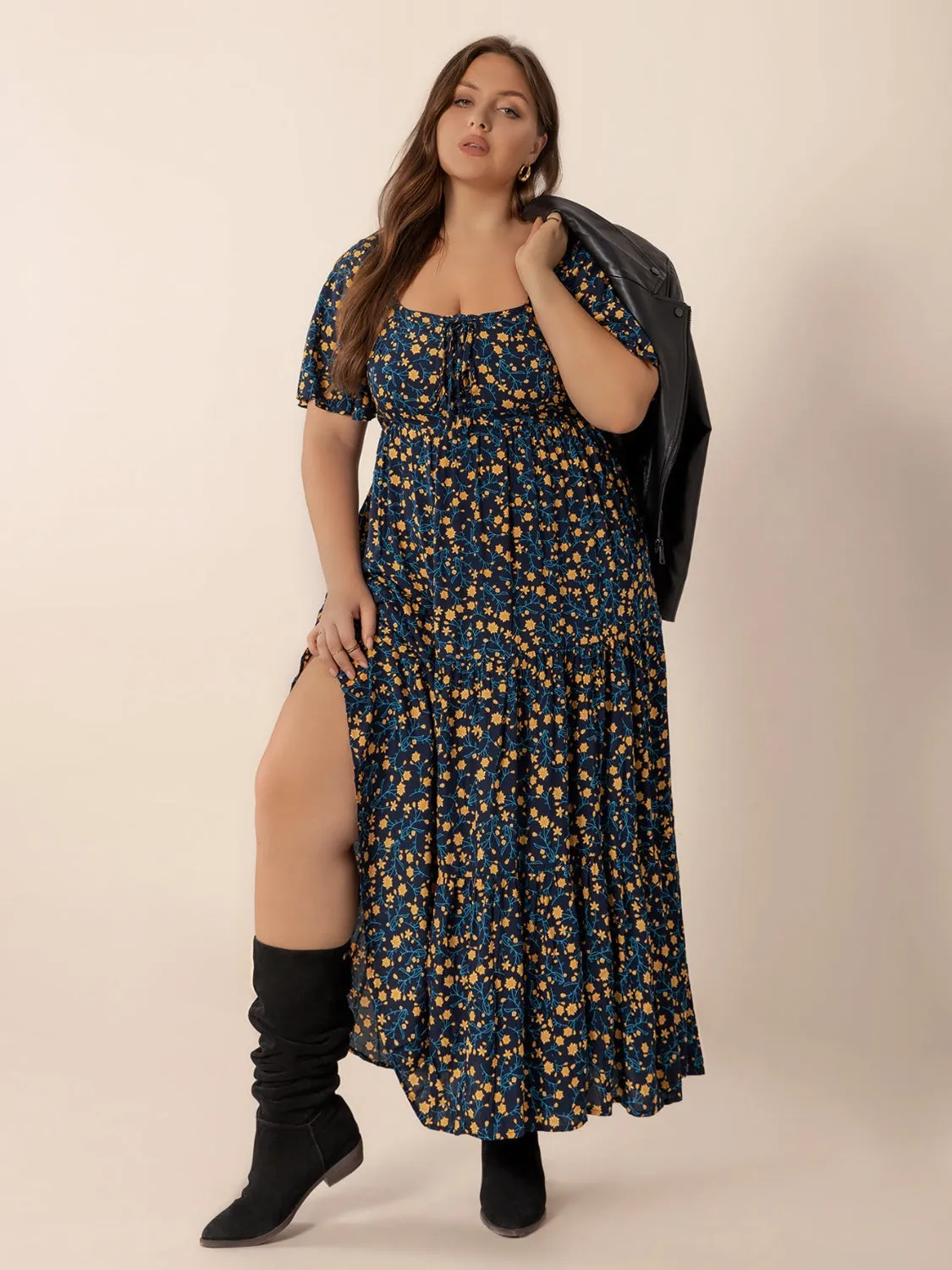 Hazel Blues® | Printed Short Sleeve Slit Tiered Maxi Dress