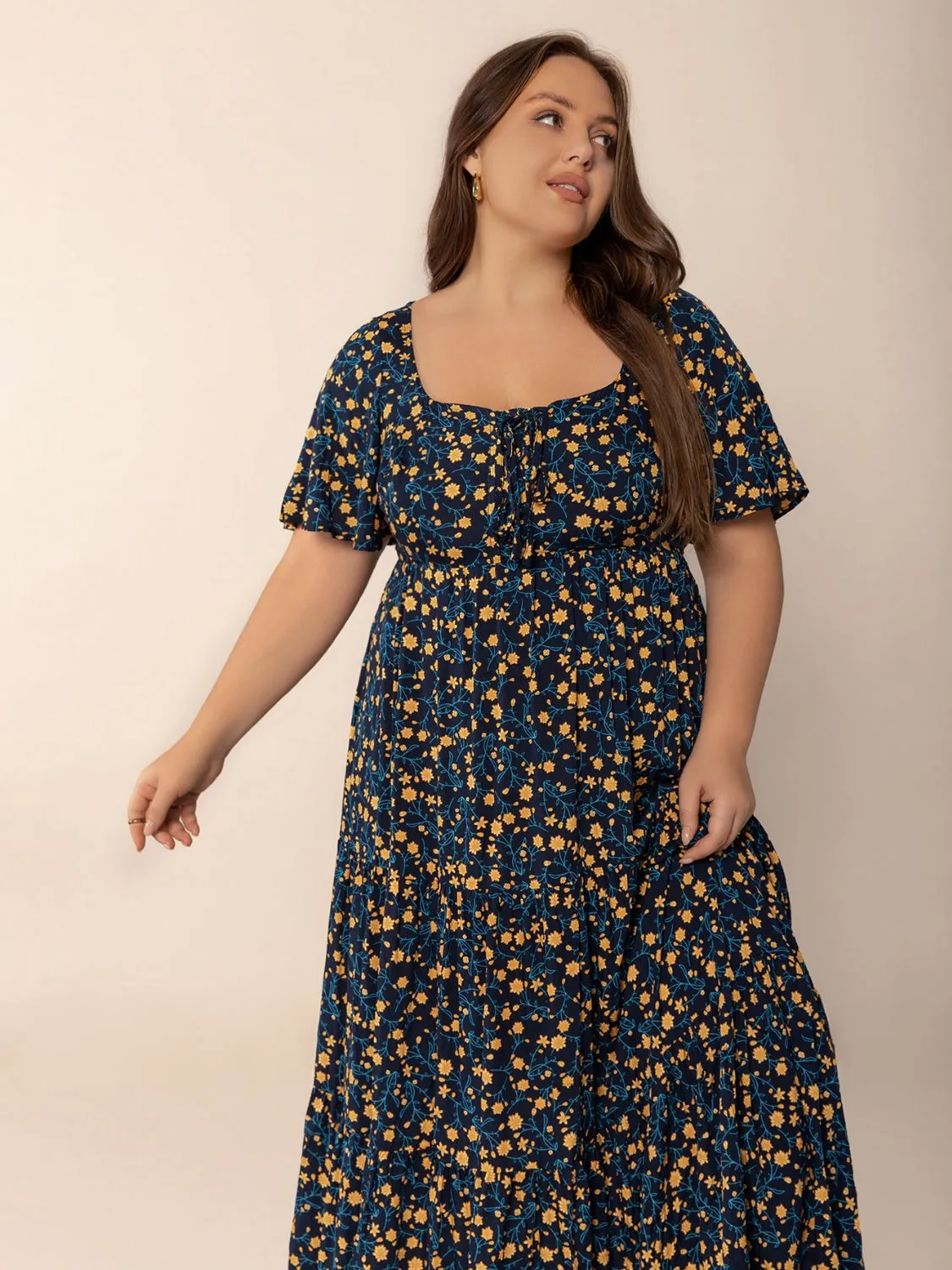 Hazel Blues® | Printed Short Sleeve Slit Tiered Maxi Dress