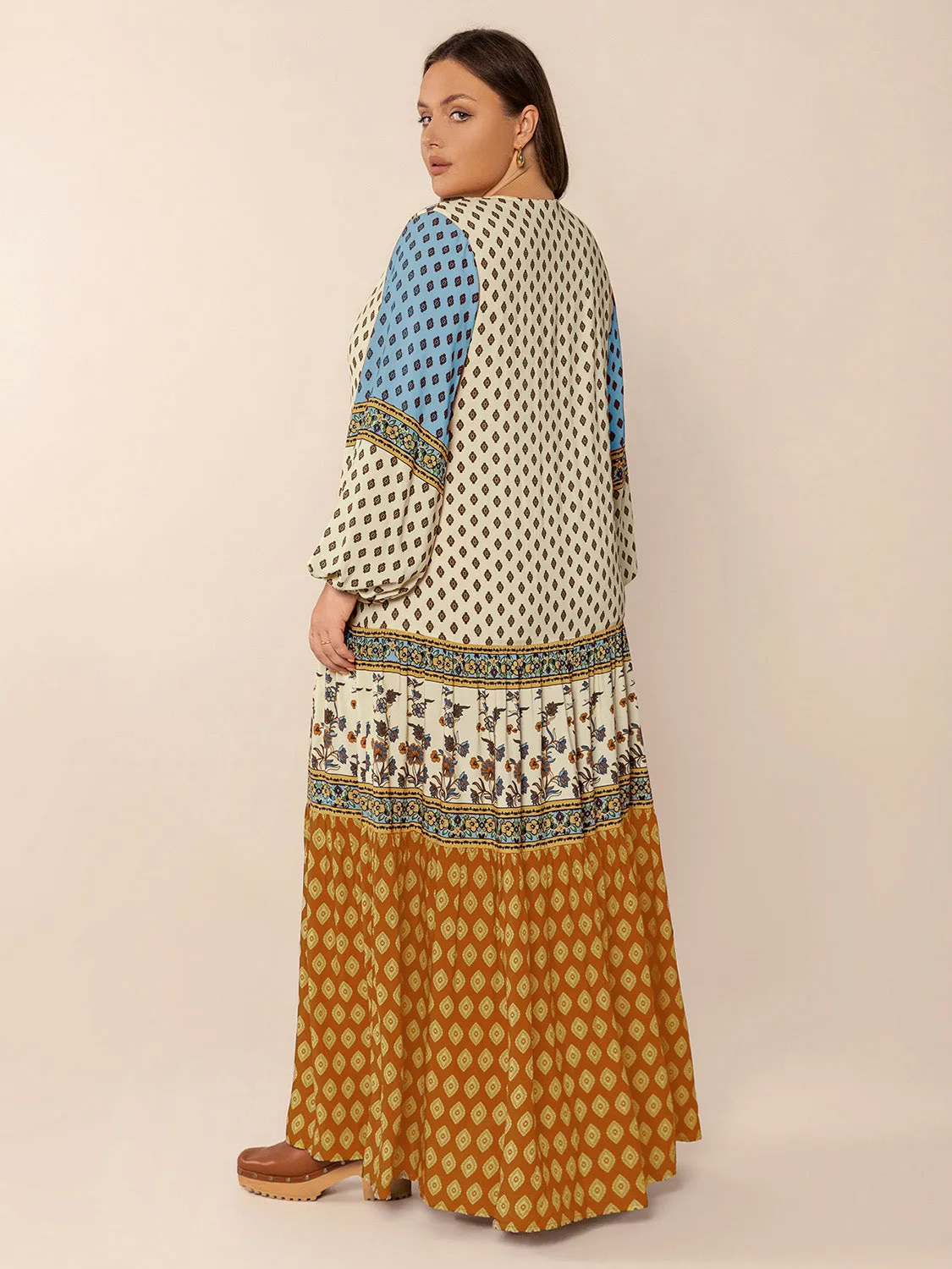 Hazel Blues® | Printed V-Neck Balloon Sleeve Maxi Dress