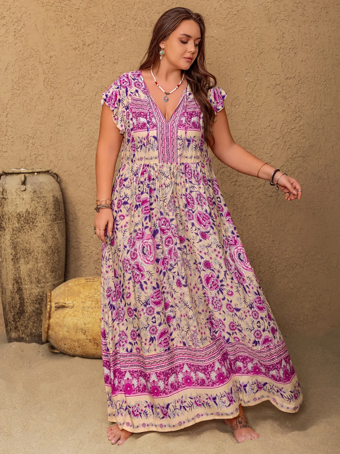 Hazel Blues® | Printed V-Neck Cap Sleeve Maxi Dress
