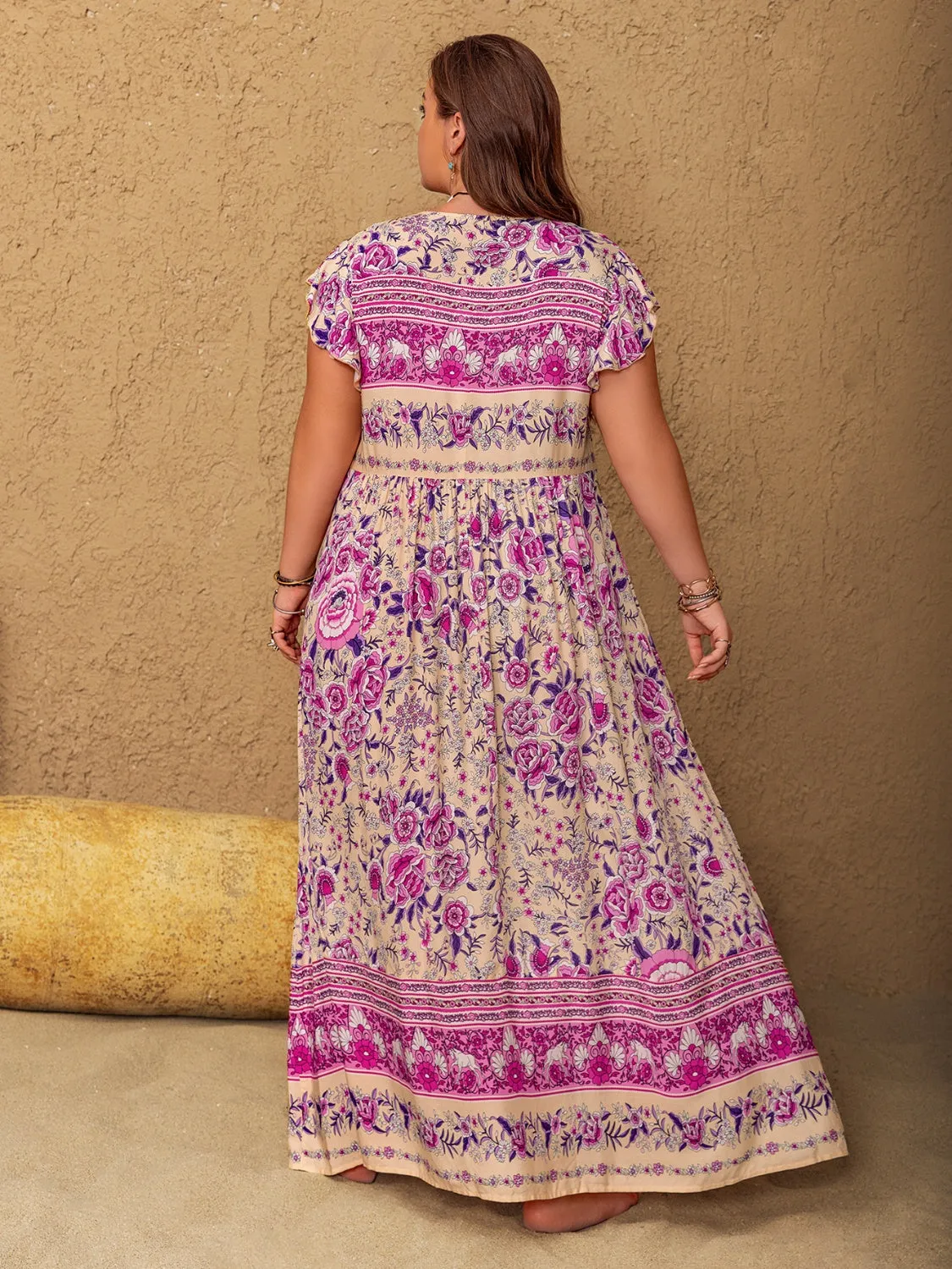Hazel Blues® | Printed V-Neck Cap Sleeve Maxi Dress