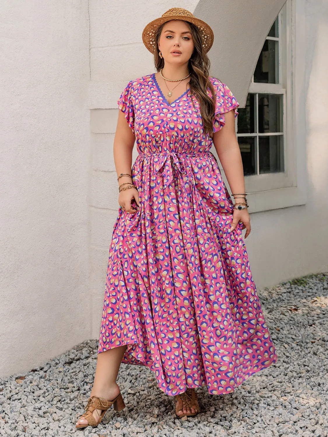 Hazel Blues® | Printed V-Neck Flutter Sleeve Tie Waist Maxi Dress