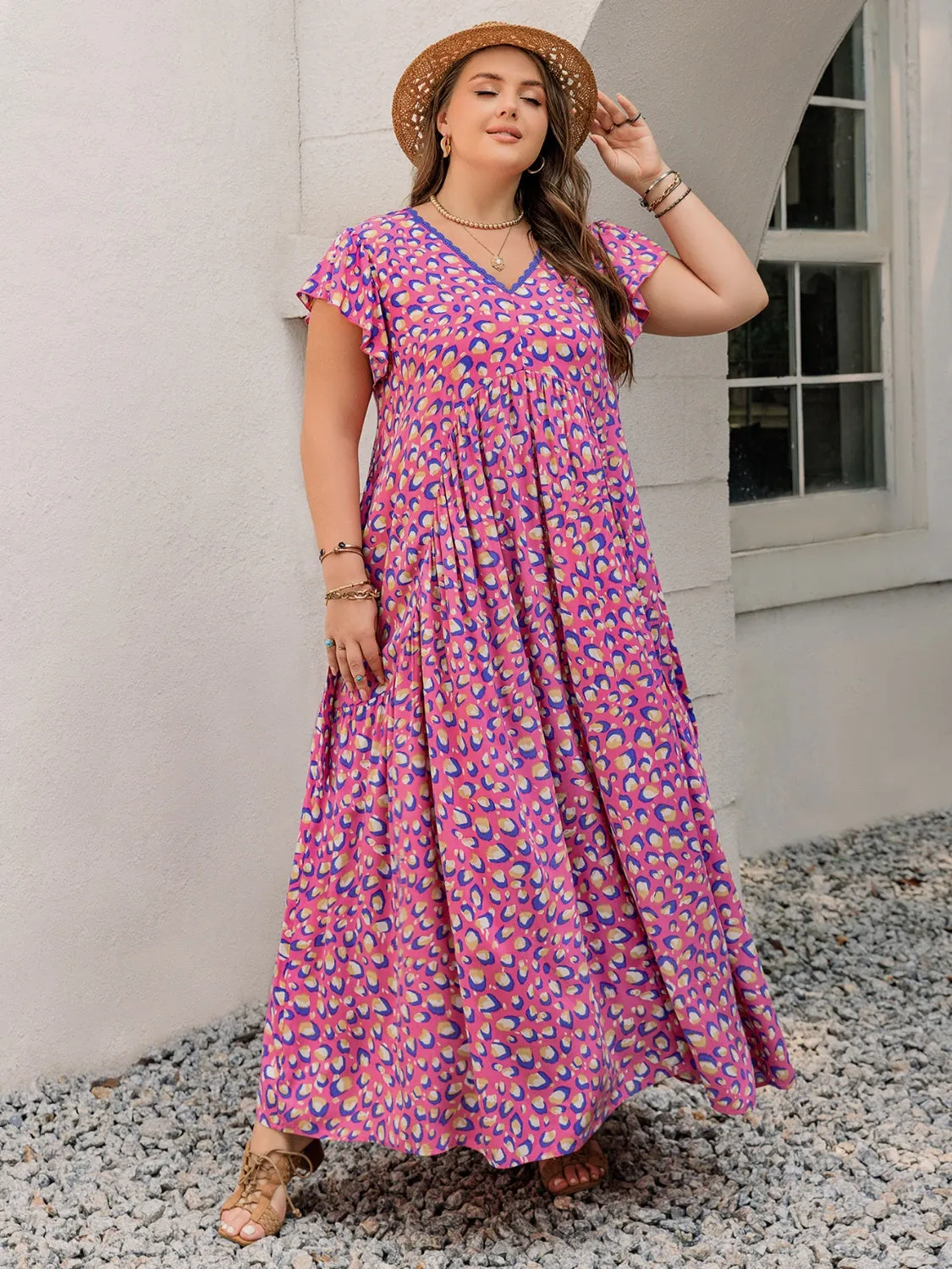 Hazel Blues® | Printed V-Neck Flutter Sleeve Tie Waist Maxi Dress