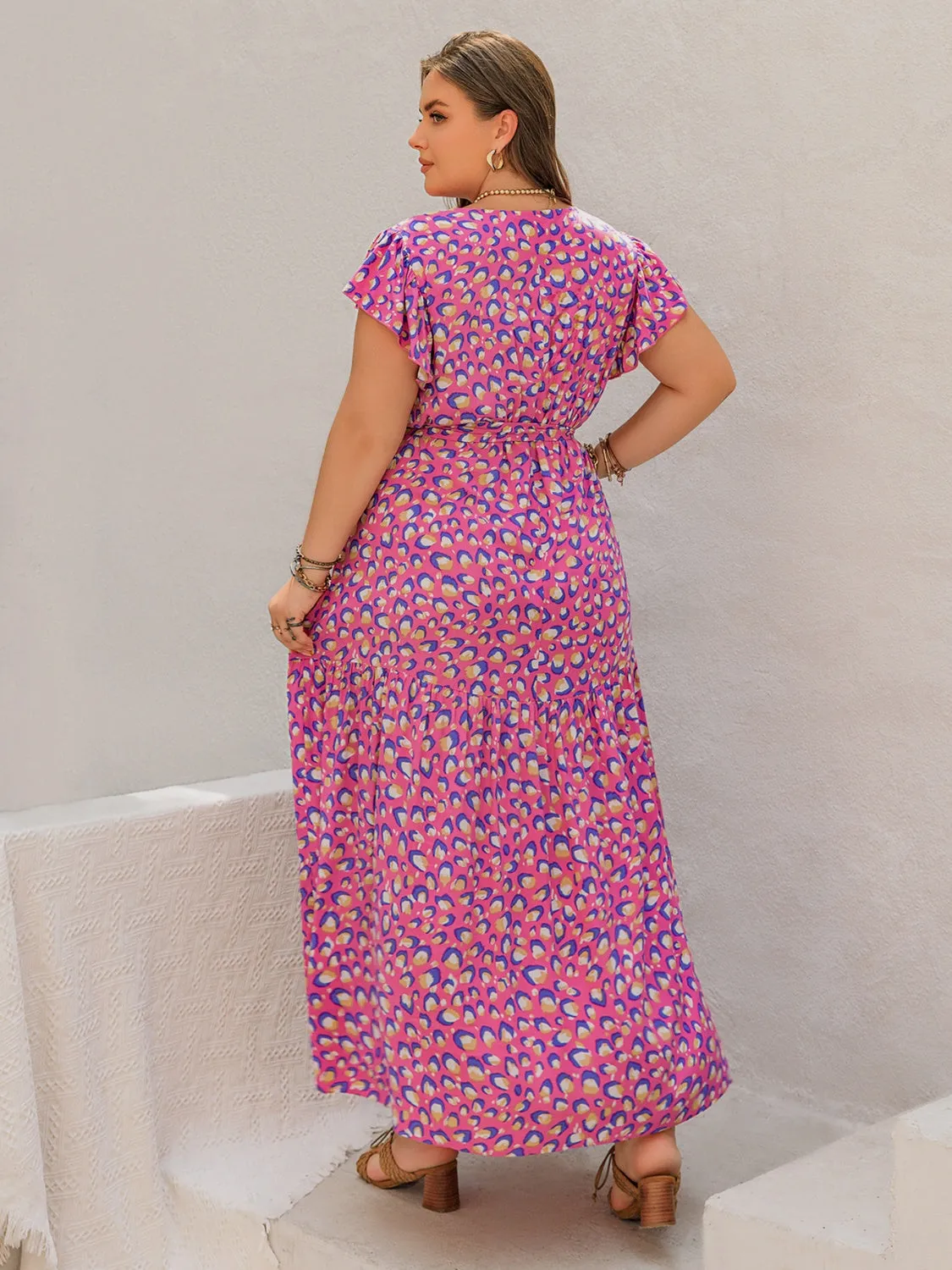 Hazel Blues® | Printed V-Neck Flutter Sleeve Tie Waist Maxi Dress