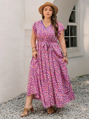 Hazel Blues® | Printed V-Neck Flutter Sleeve Tie Waist Maxi Dress