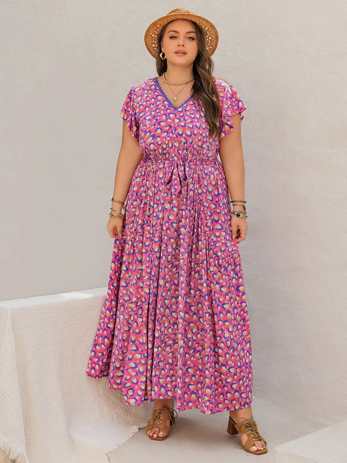 Hazel Blues® | Printed V-Neck Flutter Sleeve Tie Waist Maxi Dress