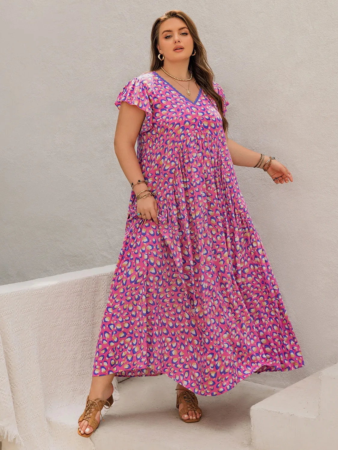 Hazel Blues® | Printed V-Neck Flutter Sleeve Tie Waist Maxi Dress
