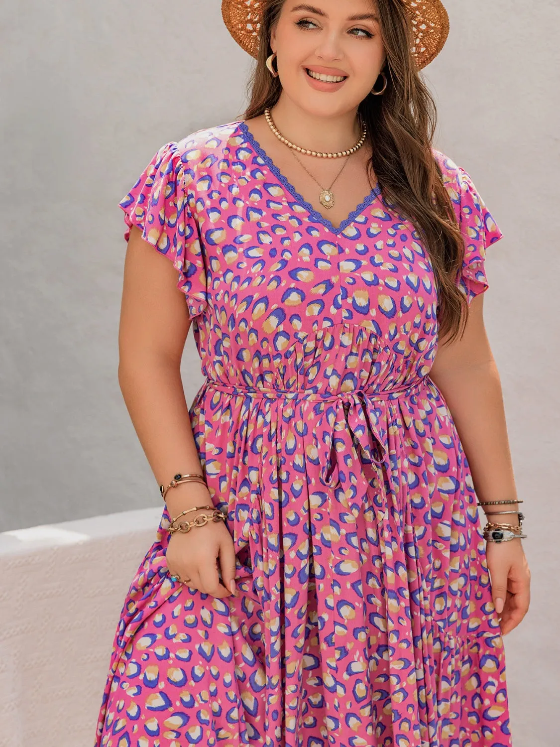 Hazel Blues® | Printed V-Neck Flutter Sleeve Tie Waist Maxi Dress