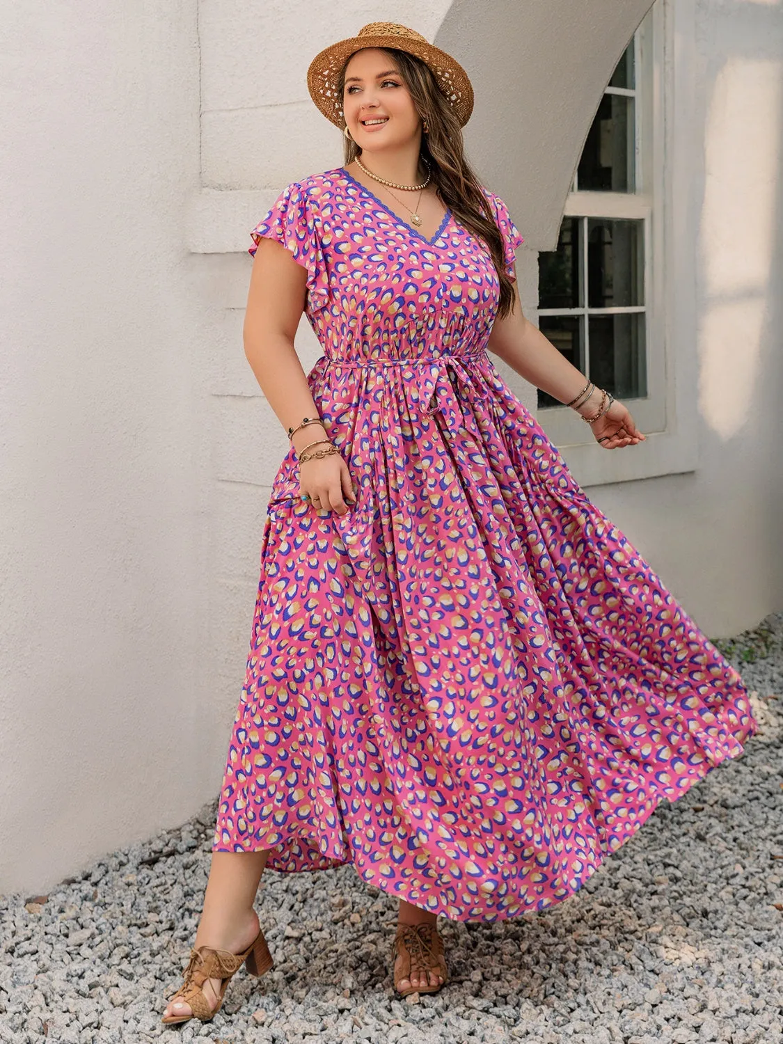 Hazel Blues® | Printed V-Neck Flutter Sleeve Tie Waist Maxi Dress