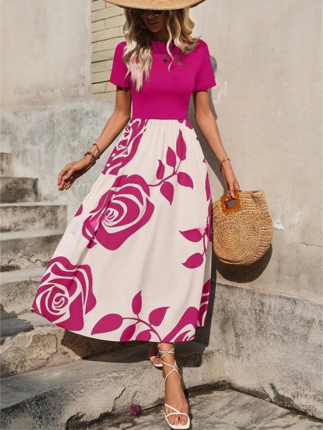 Hazel Blues® |  Rose Printed Round Neck Short Sleeve Dress