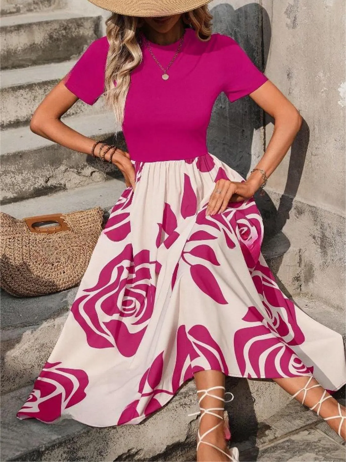 Hazel Blues® |  Rose Printed Round Neck Short Sleeve Dress