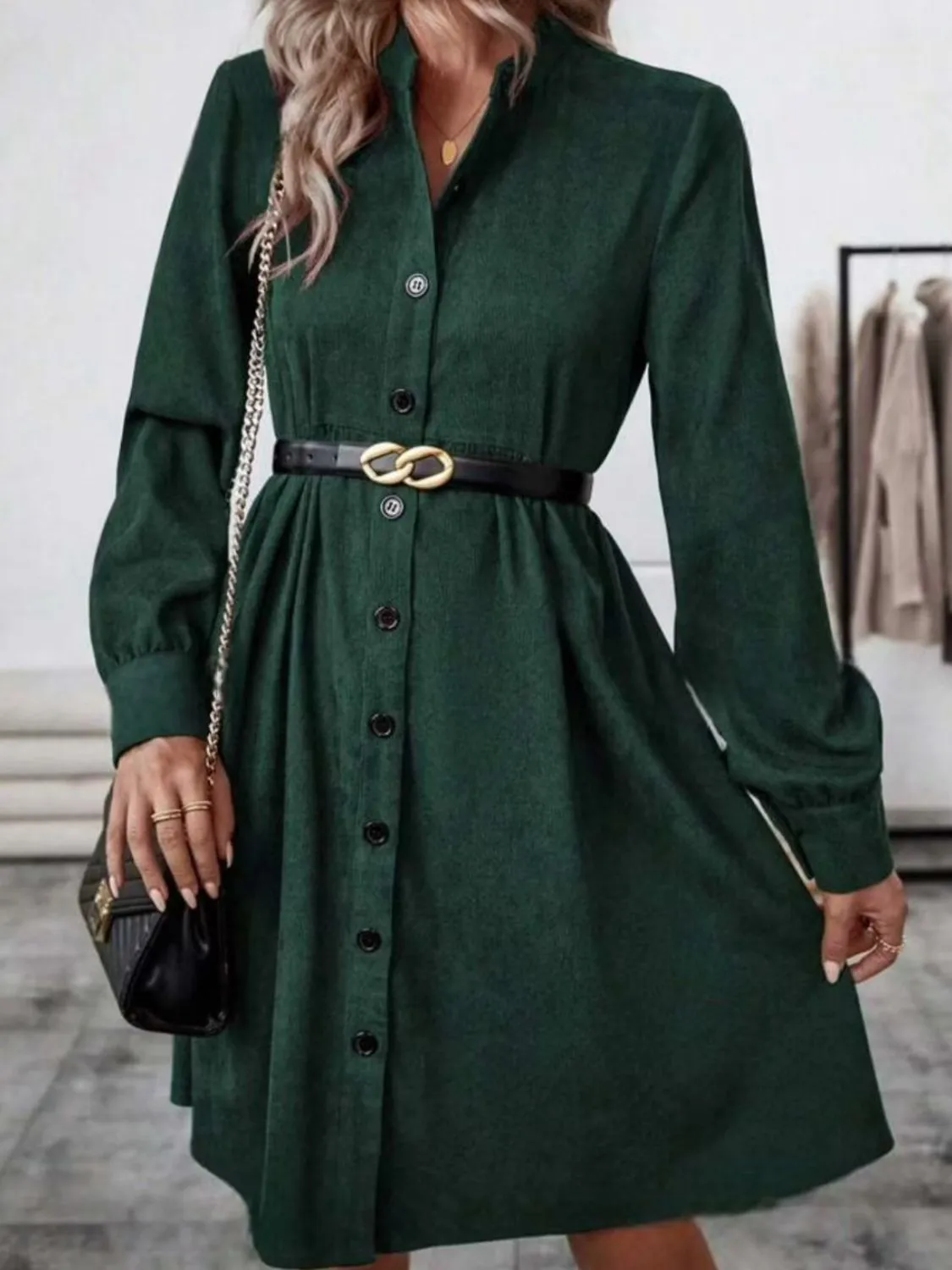 Hazel Blues® |  Ruched Button Up Long Sleeve Dress