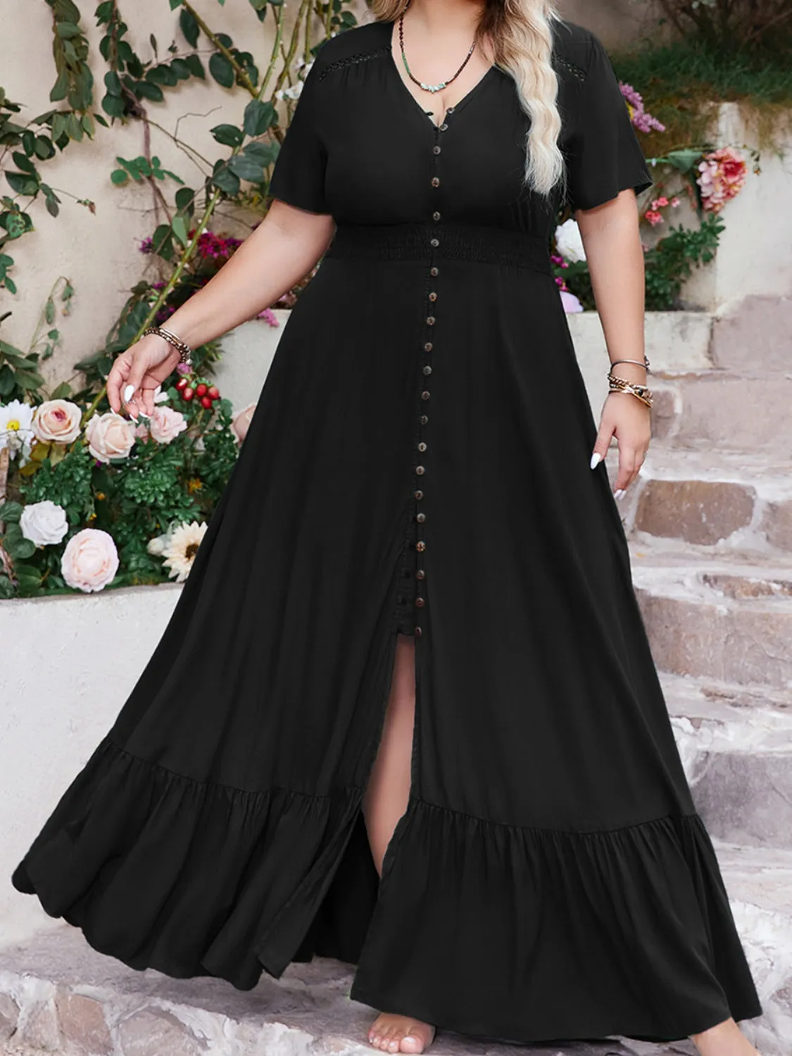 Hazel Blues® | Ruffled Hem Button Down V-Neck Short Sleeve Maxi Dress