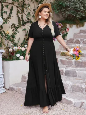 Hazel Blues® | Ruffled Hem Button Down V-Neck Short Sleeve Maxi Dress