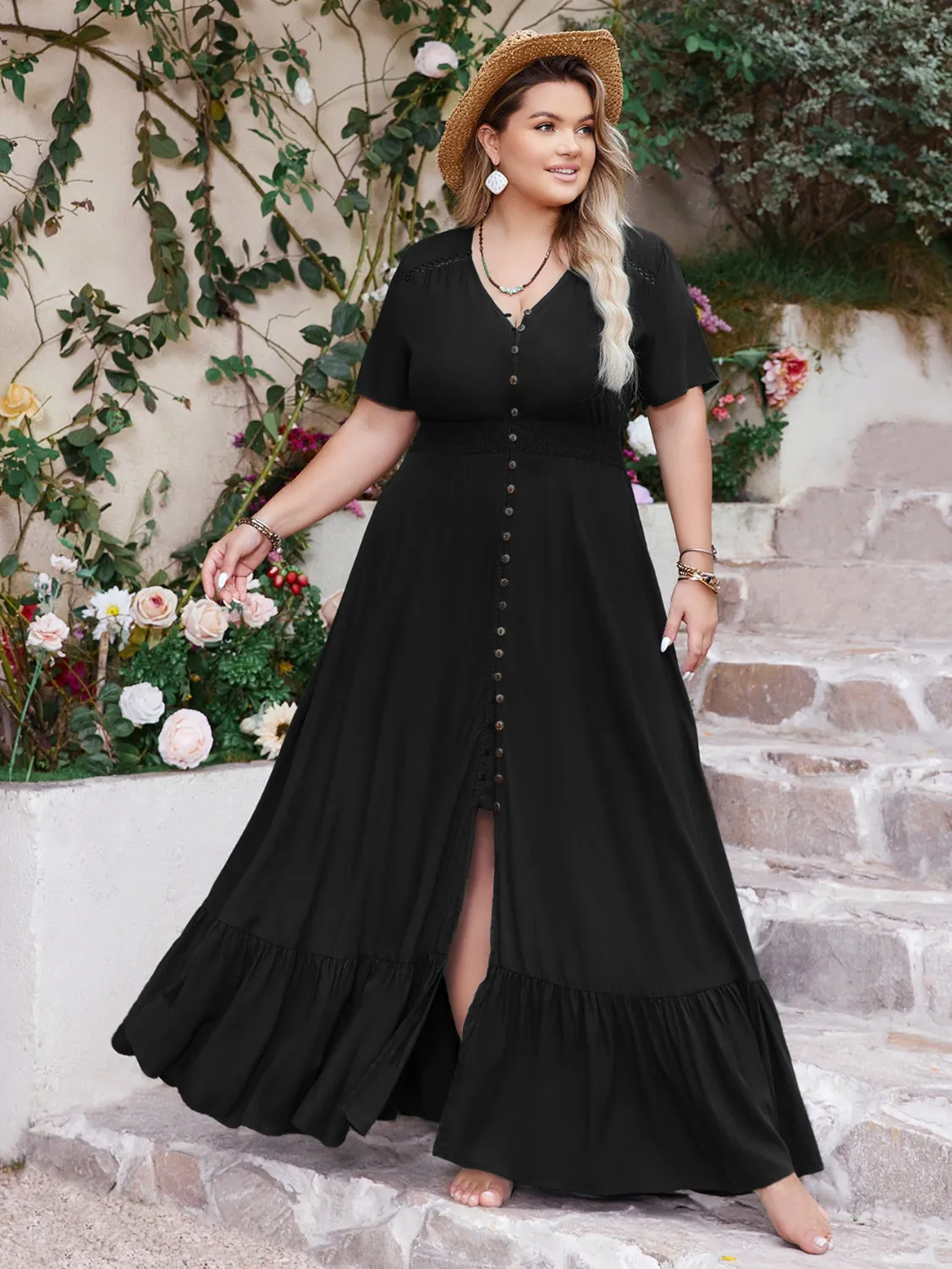Hazel Blues® | Ruffled Hem Button Down V-Neck Short Sleeve Maxi Dress
