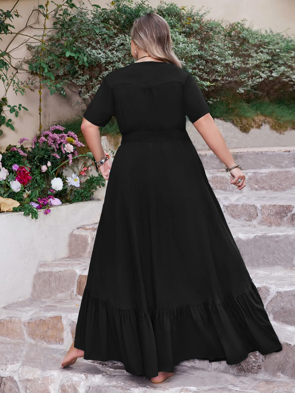 Hazel Blues® | Ruffled Hem Button Down V-Neck Short Sleeve Maxi Dress