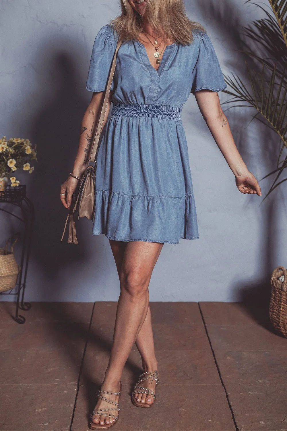 Hazel Blues® |  Ruffled Hem Smocked Flutter Sleeve Denim Mini Dress