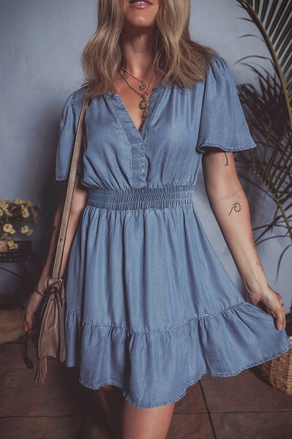 Hazel Blues® |  Ruffled Hem Smocked Flutter Sleeve Denim Mini Dress