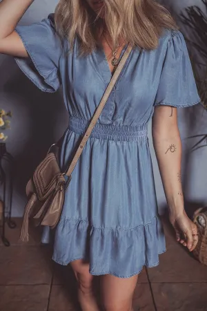 Hazel Blues® |  Ruffled Hem Smocked Flutter Sleeve Denim Mini Dress