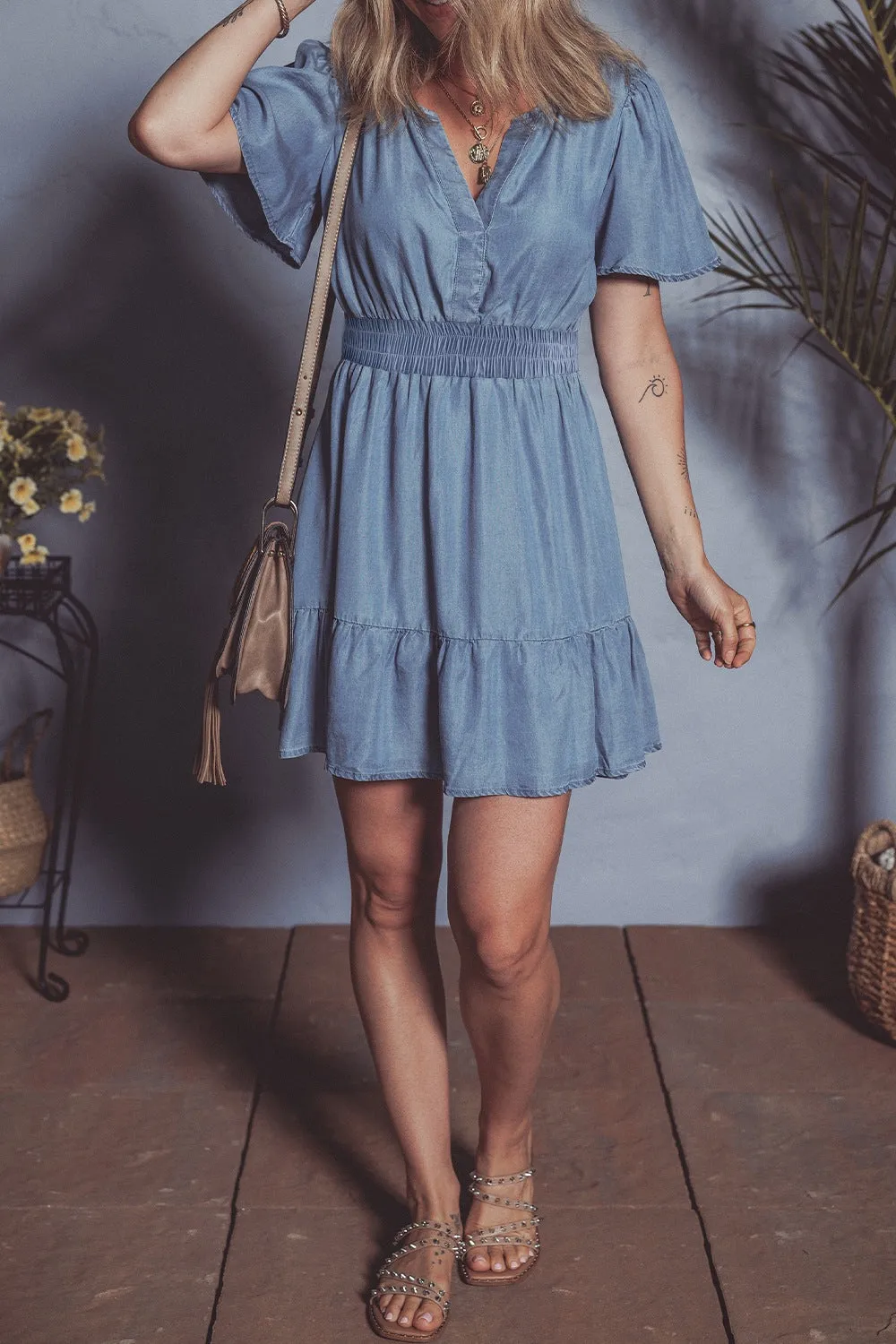 Hazel Blues® |  Ruffled Hem Smocked Flutter Sleeve Denim Mini Dress
